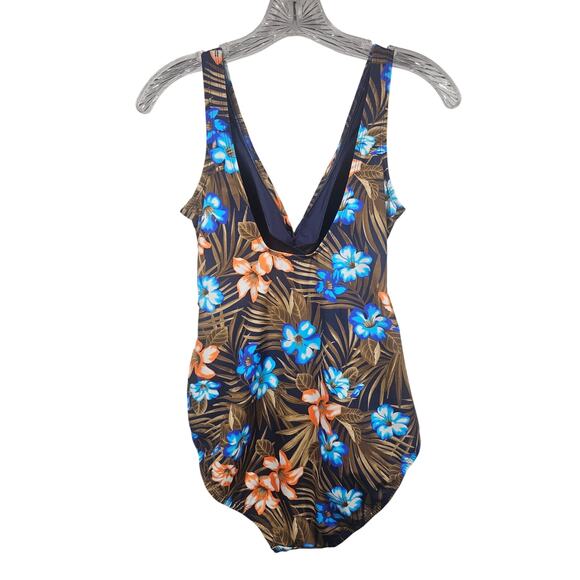 Lands' End SlenderSuit Wrap One Piece Swimsuit Deep Sea Navy Tropic Palm Size 12 - Picture 5 of 8
